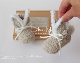 Unisex baby booties, bunny shoes, crochet rabbit shoes, knitted boots, 0-3, 3-6, 6-9 months, Easter slippers, announcement, gift for baby