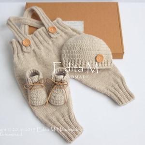 Gestrickte Babyhose, Neugeborenenhose, Overall, Babyschühchen, Babyschuhe, Turnschuhe, Mütze, Mütze, Baby Jungen Set, neutral, nach Hause kommen Outfit