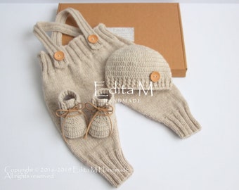Knitted baby pants, newborn trousers, overalls, baby booties, baby shoes, sneakers, hat, beanie, baby boy set, neutral, coming home outfit