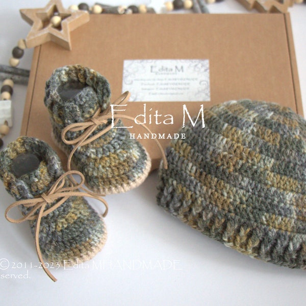 Unisex crochet set, baby booties, baby shoes, military, camo boots, camouflage, army beanie, hat, 0-3, 3-6, baby shower gift, neutral gender