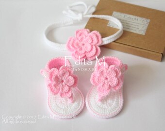 Crochet baby set, sandals and headband, gladiator sandals, 0-3, 3-6, 6-9 months, tieback, baby booties, shoes, pink, gift, flower sandals