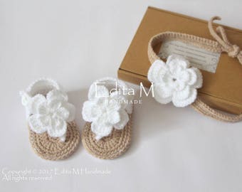 Baby Set gehäkelt, Gladiator Sandalen, Stirnband, Zugband, Baby Booties, Schuhe, Geschenkidee, Blumen Sandalen, 0-3,3-6,6-9 Monate,Ankündigung