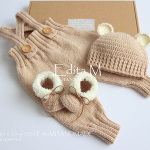 Crochet baby set, baby booties, moccasins, shoes, baby bear hat, beanie, knitted baby pants, trousers, overalls, dungarees, warm, newborn