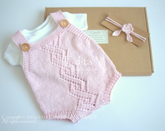 Knitted baby romper and tieback set, knit lace romper, baby girl bodysuit, baby shower, headband, announcement, 0-3 months, Easter, summer