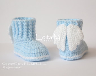 Unisex baby booties, crochet baby shoes, baby boots, angel wings, 0-3, 3-6, 6-9 months, Baptism, Christening, baby shower, gift for new mom