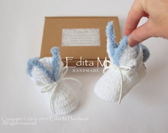 Unisex baby booties, bunny shoes, crochet rabbit shoes, knitted boots, 0-3, 3-6, 6-9 months, bunny slippers, announcement, Easter gift