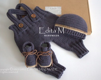 Newborn shoes, hat and trousers, knitted pants, overalls, unisex baby booties, baby boy beanie, baby shower, gift, coming home outfit
