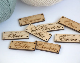 Wooden labels 4cm x 1.5cm, knitting labels, personalised tags for handmade items, crochet, oak wood, custom logo label, engraved customized