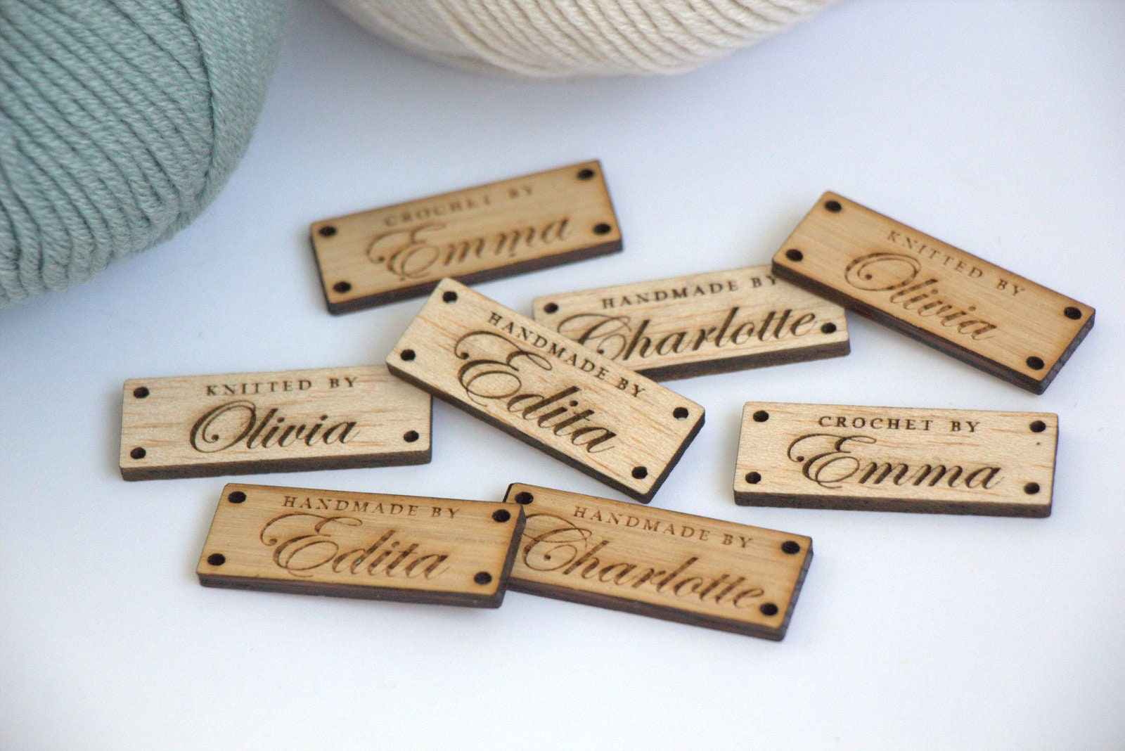 Personalised Rectangle Oak Handmade By Knitting and Crochet Tag
