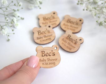 Personalisierte Babypartyetiketten, personalisierte Holzetiketten, personalisierte Babyparty, Babybär-Thema, Bärenförmige Tags, Babyparty-Idee