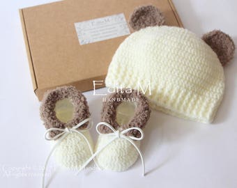 Unisex baby set, crochet baby set, booties, bear hat, fur shoes, boots, beanie, ivory, brown, 0-3, 3-6 months, baby shower, Christmas gift