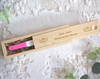Engraved Bamboo Baby Loss Keepsake Box: Angel Twins Memorial, personalised pregnancy test holder, miscarriage, never forgotten
