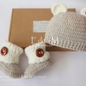 Unisex baby set, crochet baby set, baby booties, baby bear hat, fur shoes, baby boots, beanie, 0-3, 3-6 months, baby shower, gift for baby