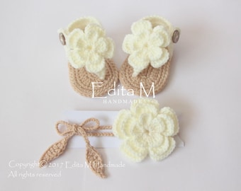 Gehäkelte Baby Sandale Set: Blumenschühchen und Stirnband, Babyschuhe, Gladiator Schuhe, Geschenk für Baby, Ankündigung, Sommer, Strandkleidung