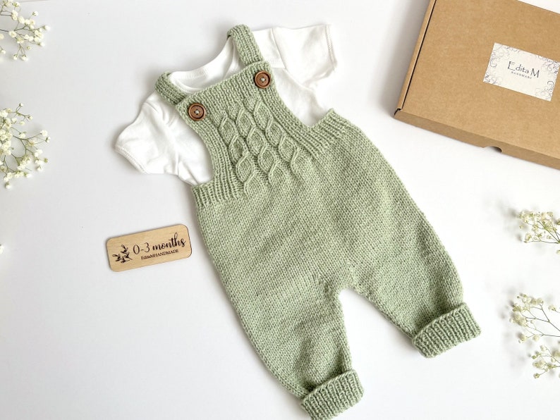 Knitted baby dungarees size 0-3 months baby trousers handknitted baby clothes baby outfit warm pants winter fashion neutral gender unisex image 1