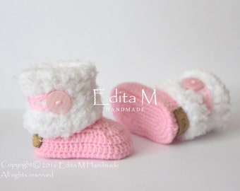 Crochet baby booties, baby girl shoes, pink, white, winter boots, baby shower gift, fur baby shoes, 0-3, 3-6, 6-9 months, gift for new mom