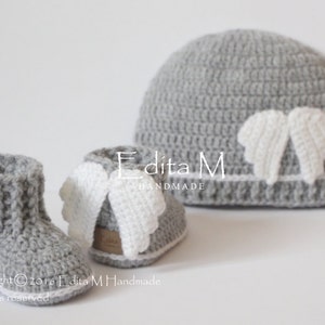 Unisex baby set, crochet baby set, angel wings, baby booties, shoes with wings, beanie, grey, gray, 0-3, 3-6 months, baby shower, gift idea