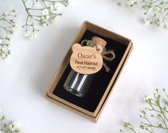 Personalized keepsake glass jar, bottle, baby first haircut, curl, first tooth, memorial, new parents, customized wooden tag, baby shower