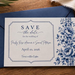 Plantilla de invitación de boda con diseño floral azul / Invitación de boda con diseño de azulejos italianos (descarga digital de 4x6)