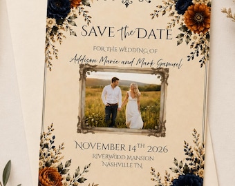 Bewerkbare save-the-date-sjabloon | Marineblauw gebrande oranje bloemenhuwelijksuitnodiging (digitale download)