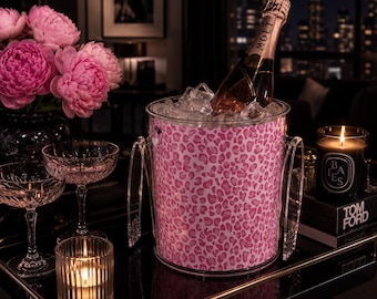 Seau à glace léopard rose | Décoration de chariot de bar Coquette | Seau à glace rose à imprimé guépard de l'an 2000 | Décoration de fête et de réception girly
