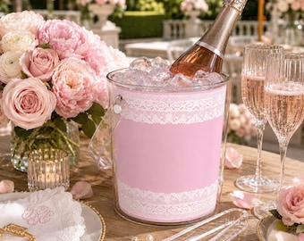 Balde de gelo com renda rosa | Decoração de carrinho de bar Coquette | Essencial feminino para receber convidados | Decoração feminina para anfitriões | Balde de festa com estética rosa