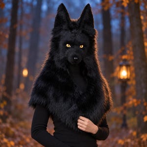 May include: A black faux fur hood and scarf set featuring a realistic wolf-like design with pointed ears and bright yellow eyes. The plush, textured black material covers the head and drapes over the shoulders, creating a dense, dark appearance.