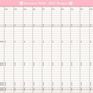 May include: A pink and white budget planner for Summer 2026-2027. The planner is divided into monthly columns with rows for income and expenses. Categories include income, expenses, and totals.