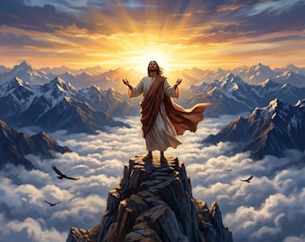 Jesus on the Mountain Canvas Print | Epic Christian Wall Art | Worship Faith Decor
