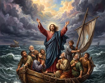 Jesus Calming Storm Canvas Print | Christian Faith Wall Art | Religious Scripture Decor