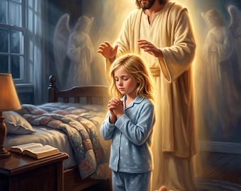 Little Girl Praying Canvas Print | Jesus Watching Over Child Christian Wall Art | Nursery Decor