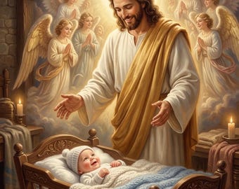 Baby Boy Canvas Print | Jesus Watching Over Smiling Newborn Christian Wall Art | Nursery Decor