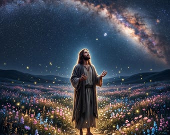 Jesus Under the Stars Canvas Print | Epic Christian Wall Art | Cosmic Faith Decor