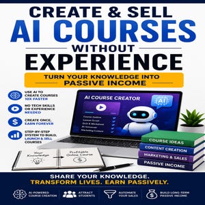 Könnte beinhalten: Eine digitale Marketinggrafik mit dem Titel CREATE & SELL AI COURSES WITHOUT EXPERIENCE. Sie zeigt einen Laptop mit einer KI-Kurs-Erstellungsoberfläche, ein Notizbuch mit Text, einen Stapel aus vier farbigen Büchern und eine kleine Topfpflanze.