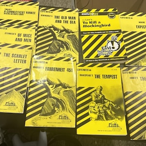 May include: A collection of eight CliffsNotes study guides featuring iconic yellow covers with black diagonal stripes. Titles include A Connecticut Yankee, Of Mice and Men, The Old Man and the Sea, To Kill a Mockingbird, Great Expectations, The Scarlet Letter, Fahrenheit 451, The Tempest, and The Odyssey.