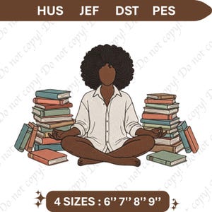 Black Woman with Books Embroidery Design Book Lover Reader Stitch Pattern African American Download