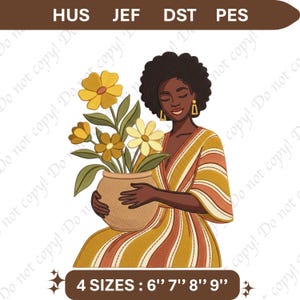 Black Woman Holding Flower Pot Embroidery Design Floral Lady Digital Download