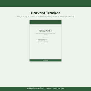 Può includere: Un documento digitale di monitoraggio del raccolto con bordi verde scuro e sfondo bianco. Il testo recita Harvest Tracker, Weigh it, log it, and find out what your garden is really producing, con elenchi puntati per registro, totali, valore e riepilogo.