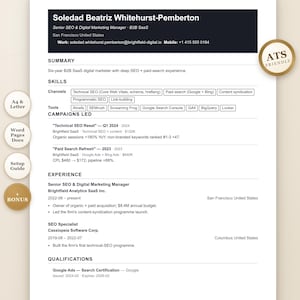 May include: A professional resume template for a Senior SEO and Digital Marketing Manager named Soledad Beatriz Whitehurst-Pemberton. The document includes sections for summary, skills, campaigns led, experience, and qualifications, with gold circular badges.