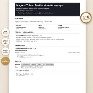 May include: A professional resume template for Magnus Tobiah Featherstone-Adesanya, an Operations Manager. The document features sections for Summary, Projects Delivered, Experience, Skills, and Qualifications, with gold circular badges labeled ATS Friendly, A4 & Letter, Word Pages Docs, Setup Guide, and Bonus.