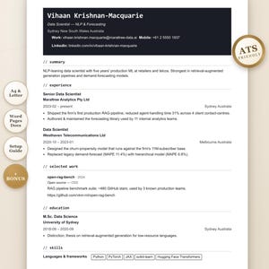May include: A professional CV template for a data scientist named Vihaan Krishnan-Macquarie. The document features a dark header, sections for summary, experience, selected work, education, and skills, with gold circular badges for ATS Friendly.