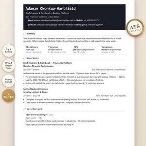 May include: A professional resume template featuring a dark header with the name Adaeze Okonkwo-Hartfield, contact details, and sections for summary, experience, and selected work. The document includes a gold ATS Friendly badge and circular icons.