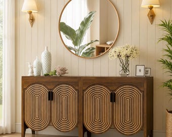 Fluted Sideboard Cabinet Arched Door Buffet Storage Credenza Mid Century Furniture