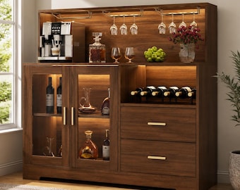 Wine Bar Cabinet LED Light Coffee Bar Liquor Storage Console Furniture