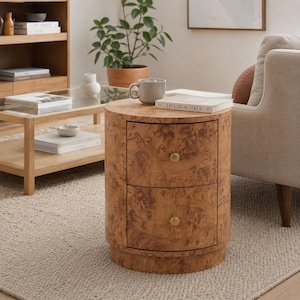 May include: A cylindrical wooden nightstand featuring a distinct burl wood grain pattern, two stacked drawers with small round brass-colored knobs, and a sturdy base. A light gray ceramic mug and a book titled Live Beautiful rest on top.