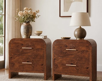 Curved Burl Wood Nightstand Two Drawer Modern Bedside Table FSC Certified Furniture