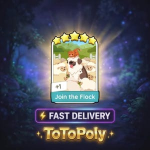 May include: A rectangular digital game card featuring five yellow stars at the top, a central illustration of a large dog with a small orange cat on its head surrounded by sheep, the text +1, Join the Flock, FAST DELIVERY, and ToToPoly.