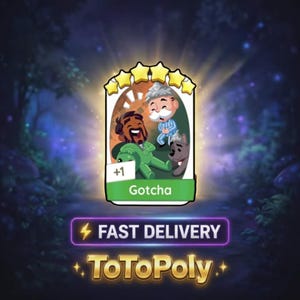 May include: A digital game card featuring a five-star rating, an illustration of two cartoon characters and a dog, with the text +1 Gotcha, FAST DELIVERY, and ToToPoly displayed in a stylized font against a glowing, dark forest background.