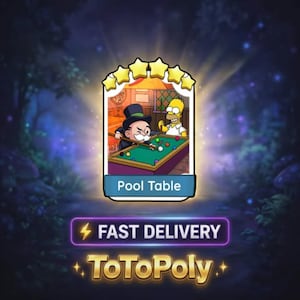 May include: A rectangular digital game card featuring five yellow stars at the top and an illustration of a character in a top hat playing pool with Homer Simpson on a green table. The text Pool Table is centred below the illustration.