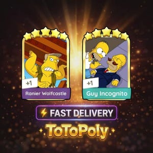 May include: Two digital trading cards featuring The Simpsons characters Ranier Wolfcastle and Guy Incognito. Each card has five gold stars at the top, a plus one indicator, and the character name at the bottom. The text reads FAST DELIVERY ToToPoly.